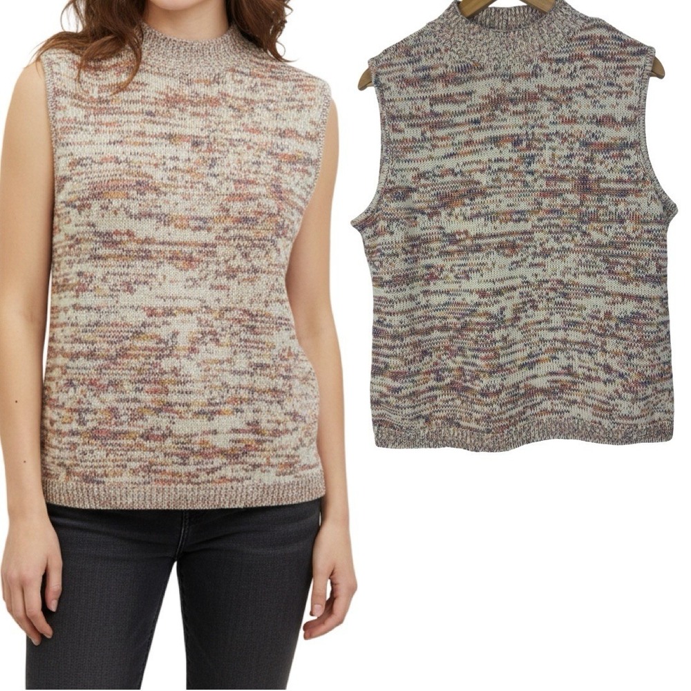 Talbots Women Marled Mock Neck Sweater Vest Size XL Rainbow Knit Sleeveless